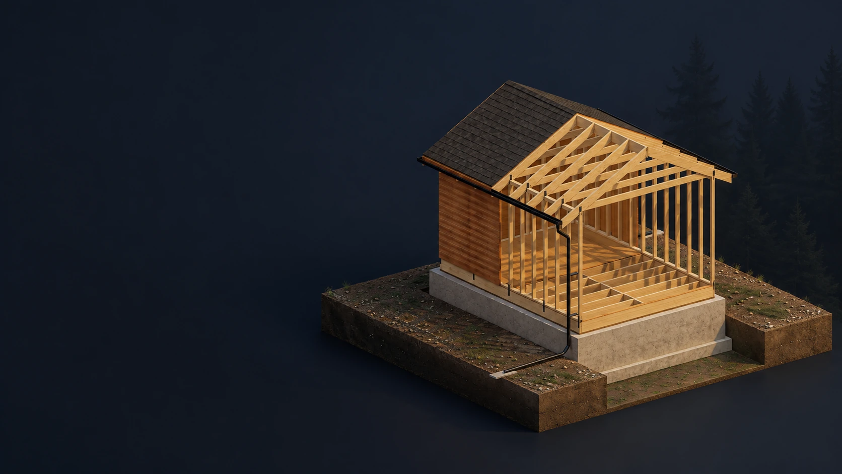 A timber shelter cutaway based on a dimensioned 3D model, with seated rafters, low roof ties, floor joists on continuous foundations, and an exterior downpipe draining away
